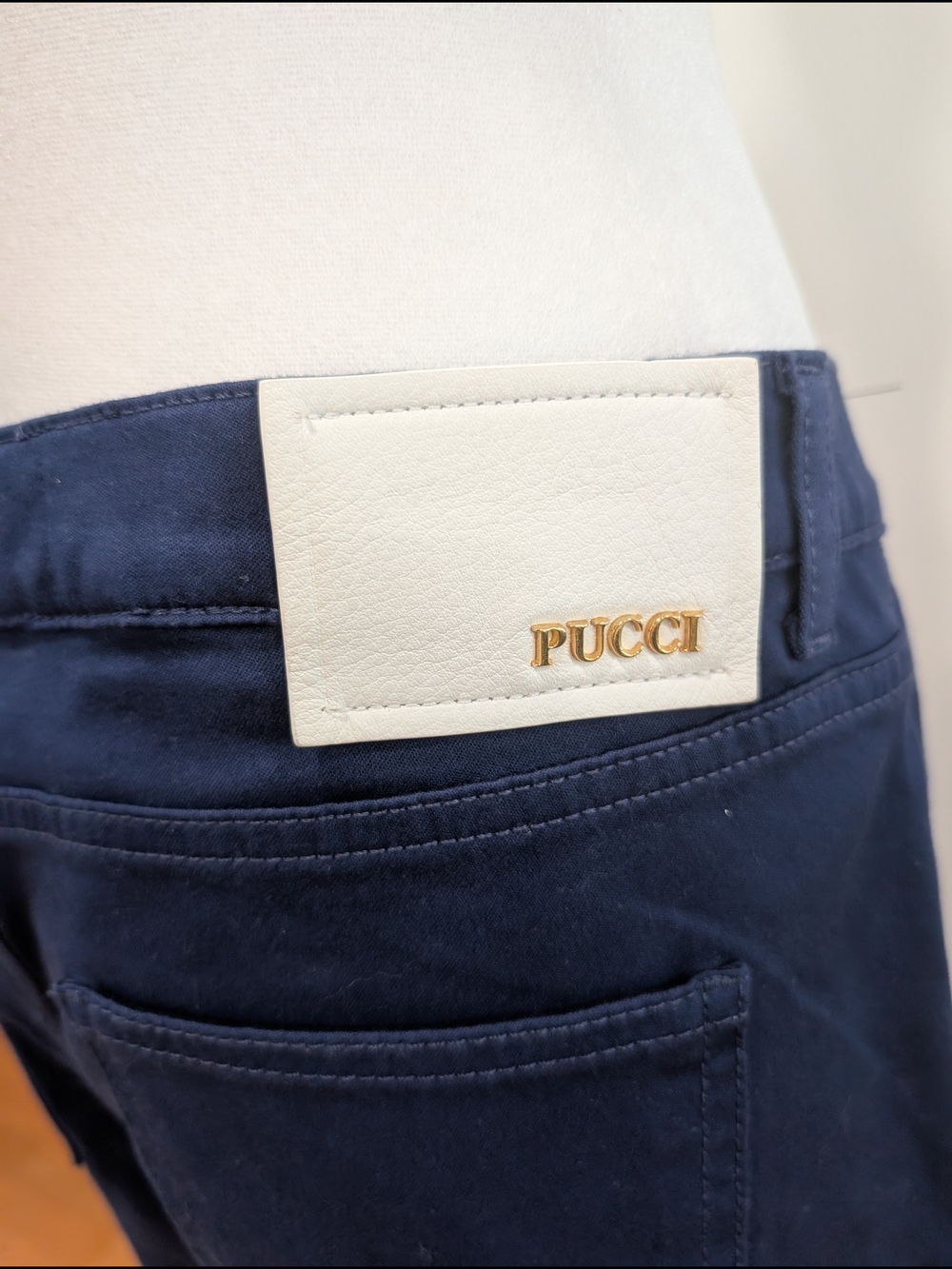 Pucci Navy Pants with White Leather Logo Patch